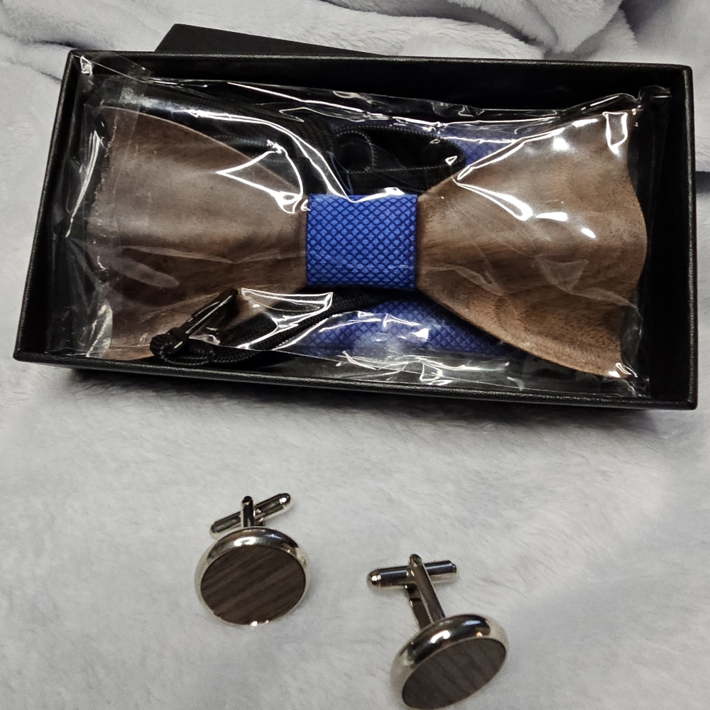 Royal Blue Wood Bow Tie Set With Cuff Links And Pocket Square